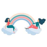 girls sitting rainbow smile vector