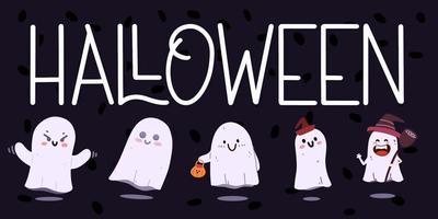 Halloween banner or party invitation background with a set of ghosts. vector