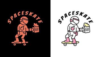 astronauta monta en patines y sosteniendo cervezas. ilustración para camiseta vector