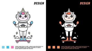 cute unicorn wear astronaut suit and playing skateboard vector