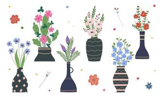 Set of bright spring flowers in vases and bottles isolated vector