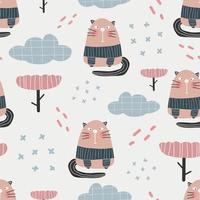 Cute cats pattern - hand drawn childish kitten seamless pattern design vector