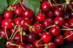 Frescas y deliciosas bayas de cerezo rojo brillante rasgadas en el jardín de verano foto