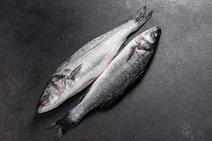 Fresh fish seabass and ingredients for cooking. Raw fish seabass photo