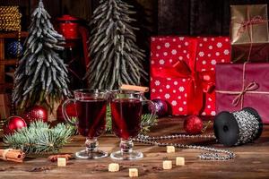 Hot mulled wine for winter and Christmas with various spices photo