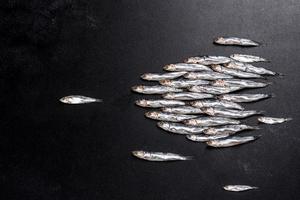 Several fish salted anchovies on a dark concrete table photo