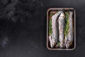 Raw trout lie on a black stone chopping board on a dark concrete table photo