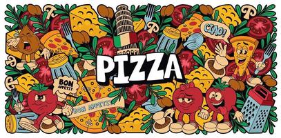 un fondo de pizza colorido en estilo de dibujos animados vector