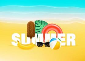 banner de verano con frutas tropicales y cosas de playa. vector