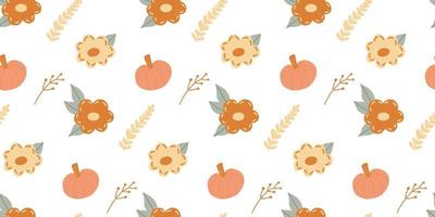 Seamless pattern with autumn elements - Pumpkin, fall flowers, herbs vector