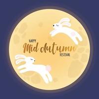 Greeting card Happy Mid Autumn Festival. Full moon, cute rabbits vector
