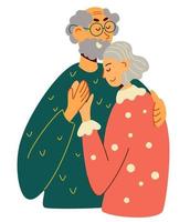 Old man and woman hugging together. Elderly married couple vector