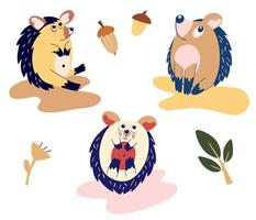 Set of funny cartoon hedgehogs. vector