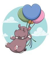 hipopótamo de dibujos animados lindo volando con globos vector