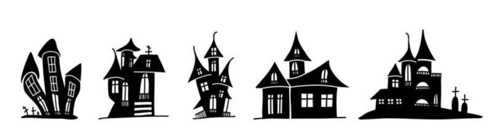 Silhouettes of scary houses in doodle style. vector