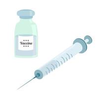 A vial of vaccine and a thin syringe with clear liquid. vector