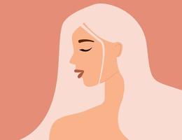 Side view face of strong woman with long white hair. vector