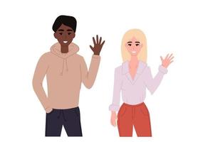 People greeting gesture. Man, woman in casual clothes say hello. vector