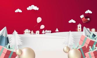 christmas event and town snow tree paper art background vector