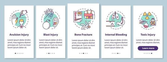 Injury types onboarding mobile app page screen with concepts vector