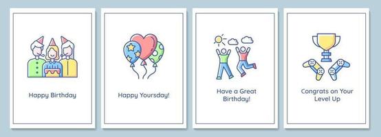 Tarjetas de felicitación de celebración de cumpleaños con conjunto de elementos de icono de color vector