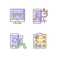 Online fitness wellness programs RGB color icons set. vector