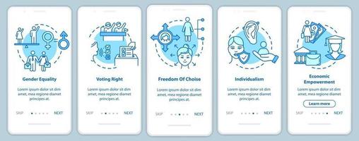 Gender equality onboarding mobile app page screen with concepts vector