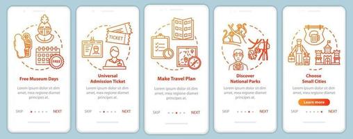 Free excursions onboarding mobile app page screen with concepts vector