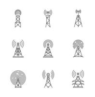 Torres y antenas celulares 5g conjunto de iconos lineales perfectos de píxeles vector