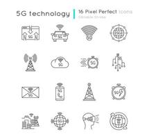 Conjunto de iconos lineales perfectos de píxeles de tecnología 5g vector