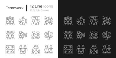 Teamwork related linear icons set for dark and light mode vector