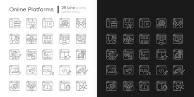 iconos lineales de plataformas en línea para modo oscuro y claro vector