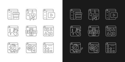 Iconos lineales de plataformas digitales para modo oscuro y claro. vector