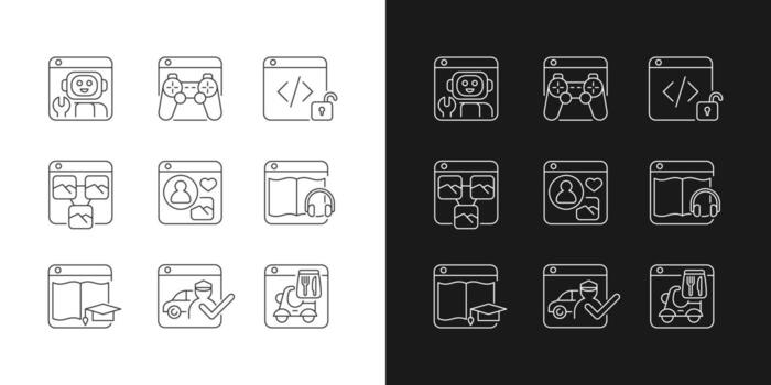 Public-facing internet applications linear icons set vector