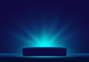 Caja misteriosa azul 3d con iluminación iluminada brillo fondo oscuro vector