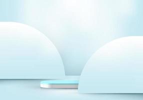 3D realistic white pedestal podium with blue pastel rounded backdrop vector