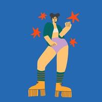 Full body illustration of funky girl  ride on roller skates. vector