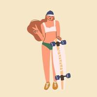 Full body illustration of funky girl  ride on roller skates. vector