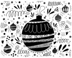 Doodle background with Christmas tree toys and abstract elements