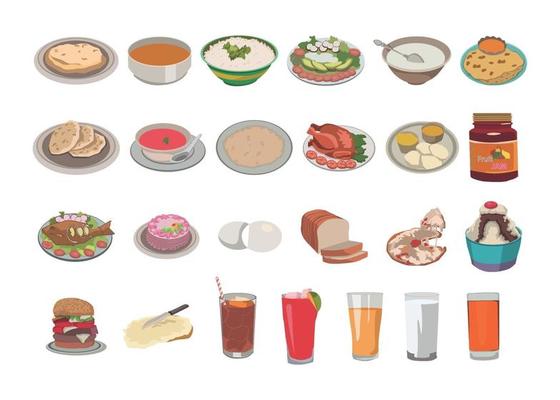 Food and beverages kids book illustration set - Roti, pulse, rice