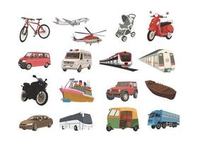 Vehicles kids book illustration set, bicycle, aeroplane, pram, scooter vector