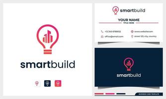 Building logo design with lightbulb concept and business card template vector