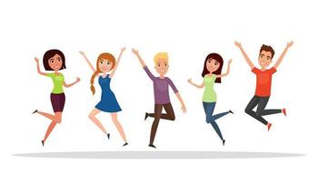 Happy group of people, boy, girl jumping on a white background. vector