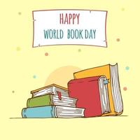 World book day. Stack of colorful books with open book on teal vector