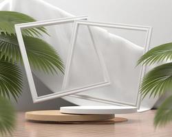 Podio de plataforma de madera para exhibición de productos con hojas de palma 3D Render