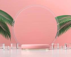 Pink platform podium for product display with palm leaves 3d render photo