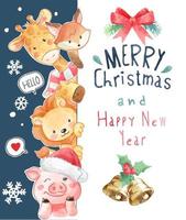 Christmas Greeting Card with Cute Friendship Animals Illustration vector