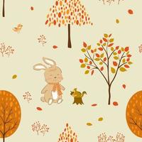 Cute rabbit and friends in autumn forest seamless pattern