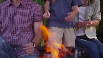 Family toasting marshmallows on camp fire video