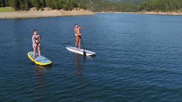 Toma aérea de drone de pareja remando tablas de paddle surf en el lago video